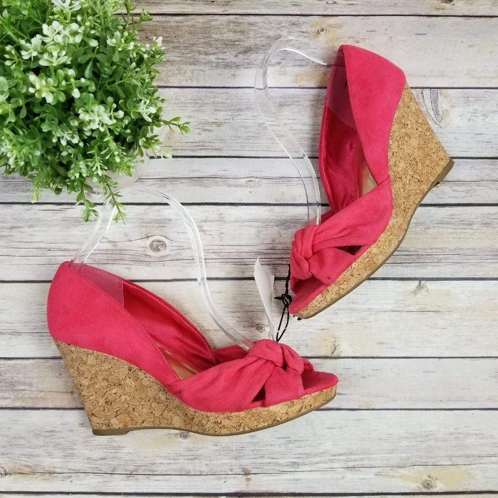 H&M Womens Pink Suede Cork Wedge Sandals Shoes